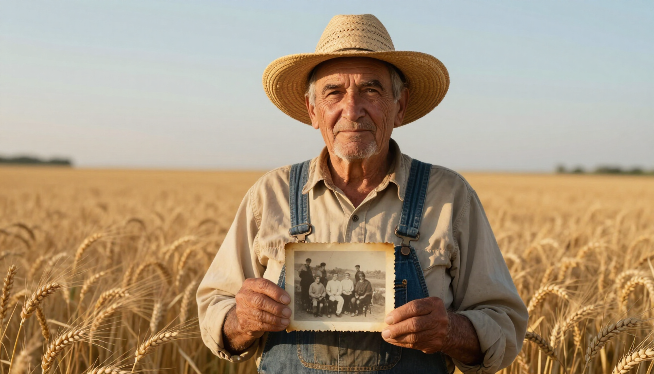 Farmer in straw hat holding an old black-and-white photo in a wheat field