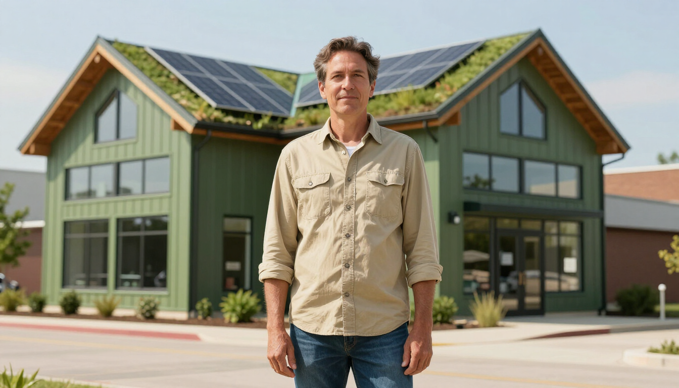 Man standing in front of a green building with solar panels and large windows.