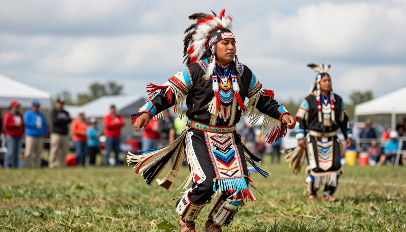 Dancers in colorful regalia perform outdoors on a grassy field at a cultural festival.