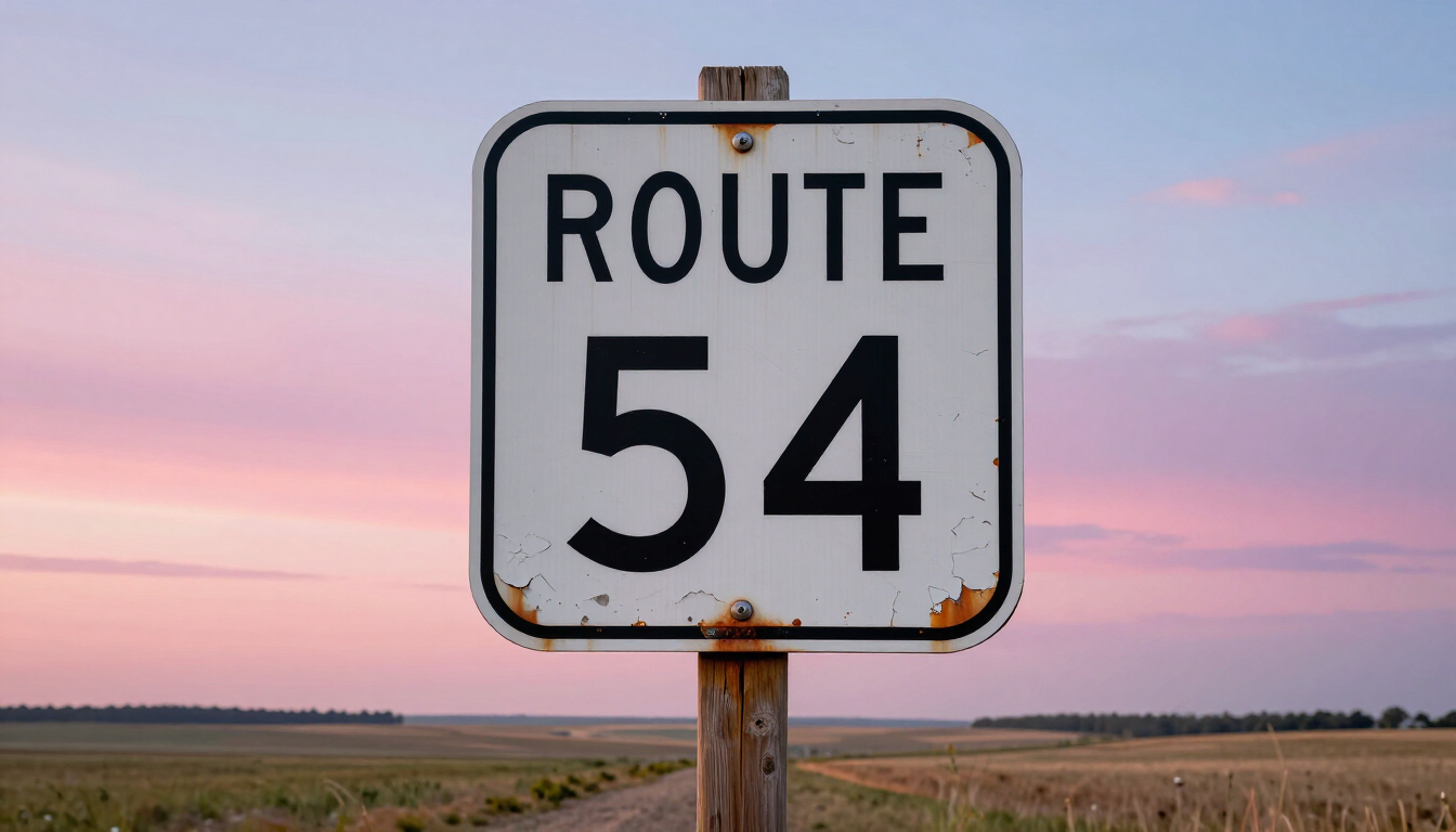 Route 54 road sign against a pink sunset sky over a flat landscape