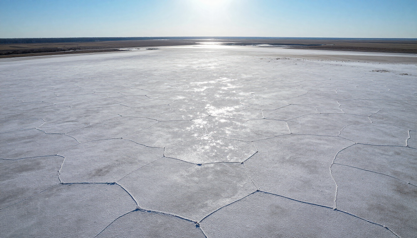 Cracked white salt flat stretching to a distant horizon under bright sunlight
