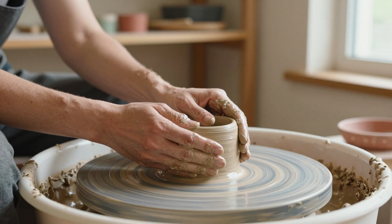 Hands shaping a clay cup on a pottery wheel in a studio