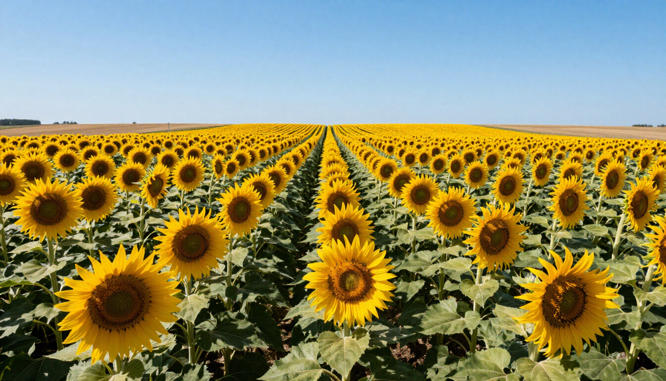 Sunflower field under a clear blue sky, rows of bright yellow blooms stretching to the horizon