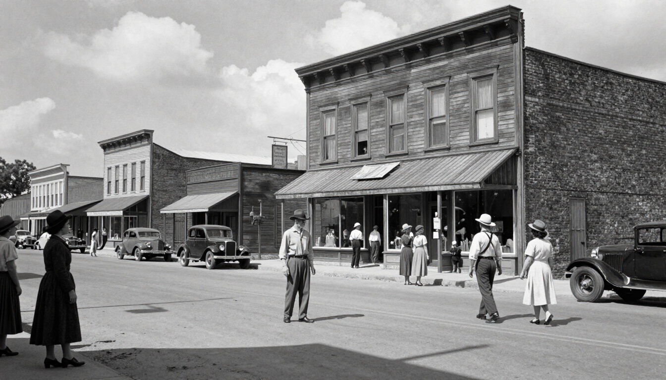 Historic small-town street with pedestrians on a sunny day, storefronts lining the road and a parked car nearby
