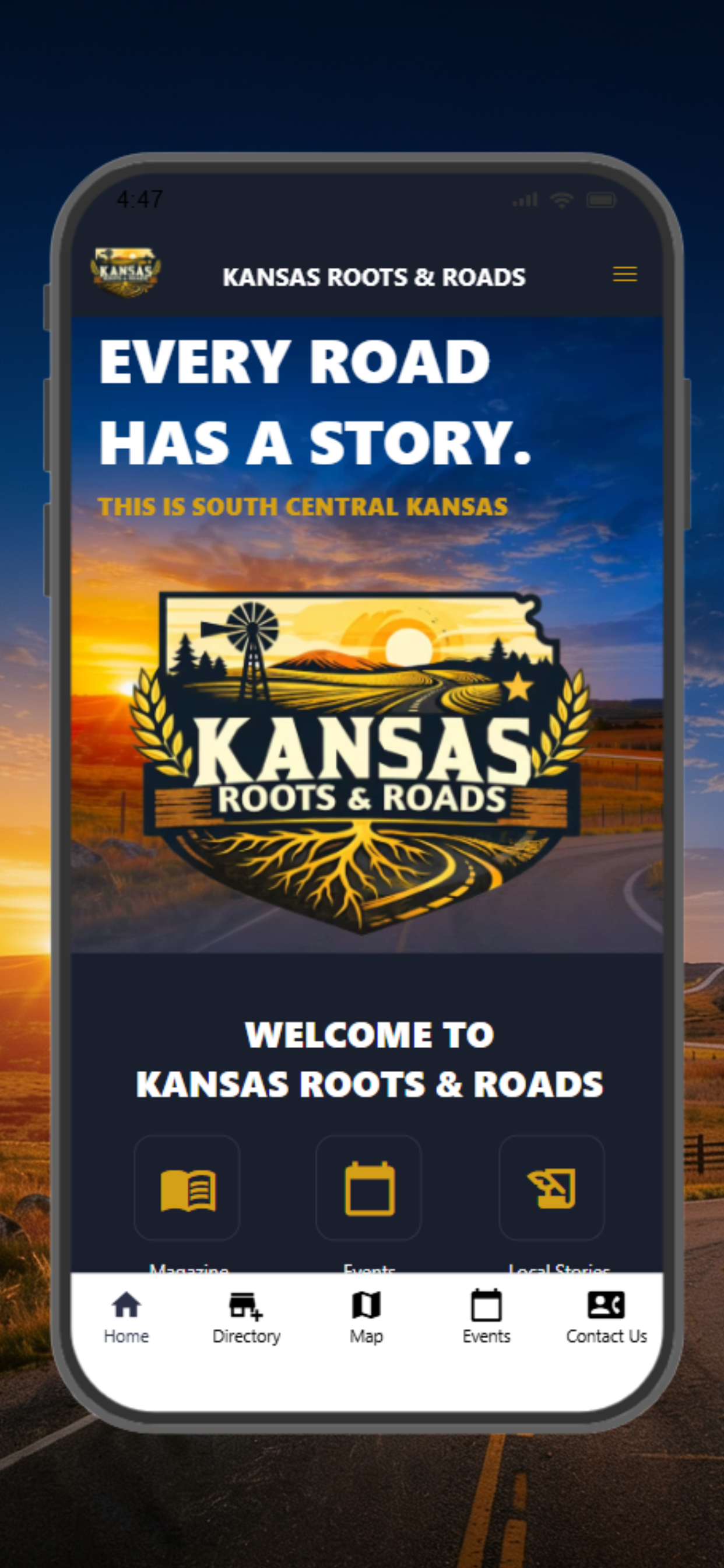 Kansas Roots & Roads app welcome screen with blue sky, mountains, and a road sign reading “Every road has a story.”