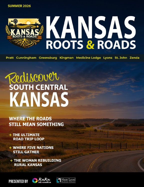 Kansas Roots & Roads magazine cover promoting South Central Kansas travel, sunset highway, and local attractions
