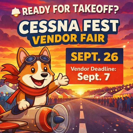 Corgi pilot mascot for Cessna Fest Vendor Fair, Sept. 26, with vendor deadline Sept. 7, on a runway at sunset