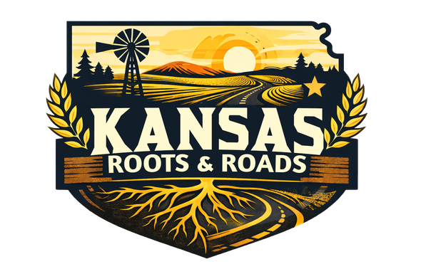 Kansas Roots & Roads logo with a sunflower, windmill, sunset, and wheat over Kansas silhouette