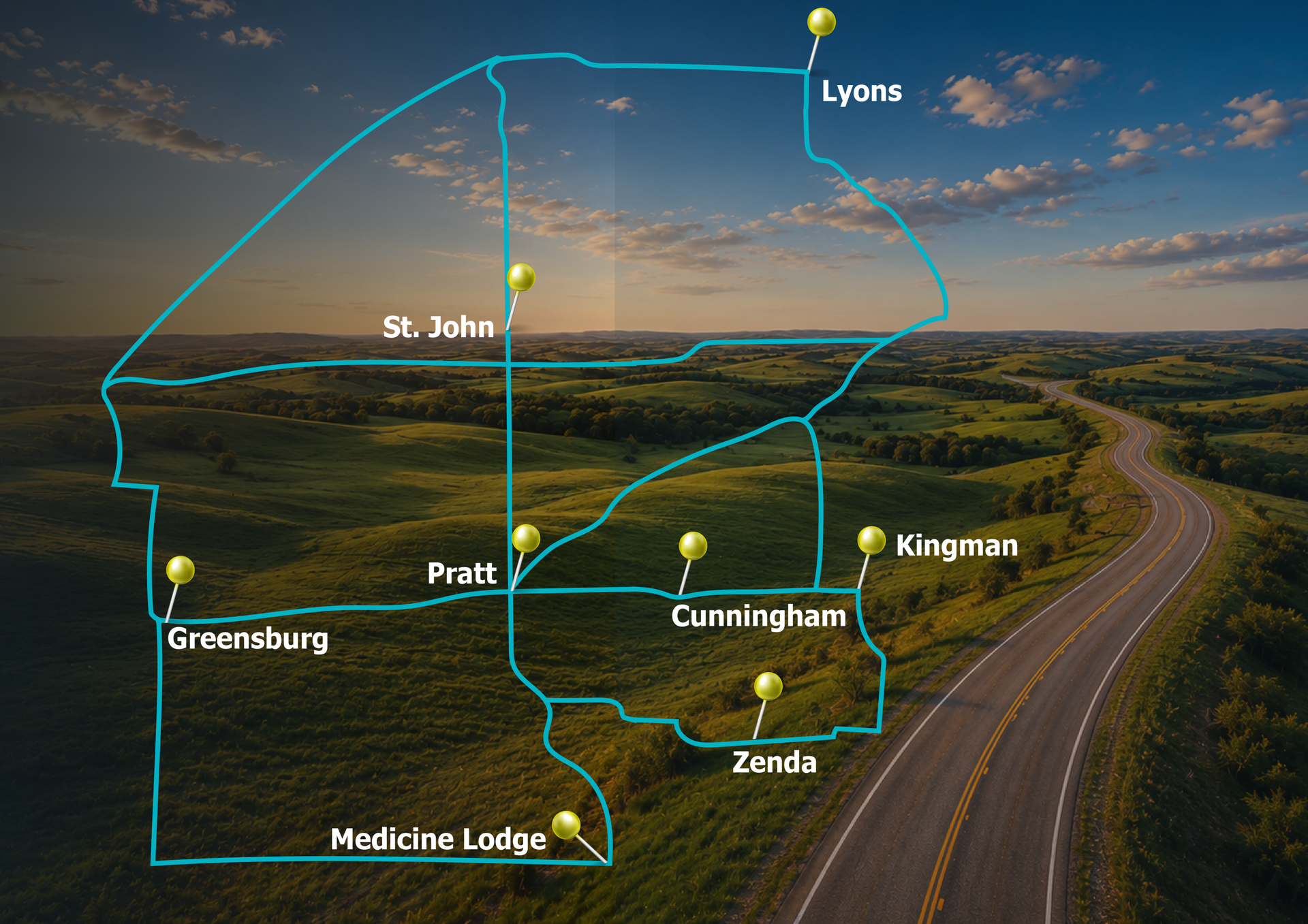 Map of towns over a highway at dusk, with cyan boundary lines and labels like St. John, Lyons, and Greensburg.