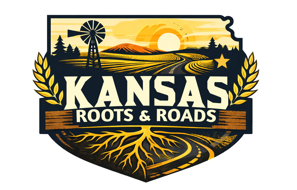 Kansas Roots & Roads logo with sunflower, windmill, sunset, and wheat over Kansas outline