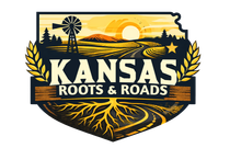 Kansas Roots & Roads logo with sunflower, windmill, sunset, and wheat over Kansas outline