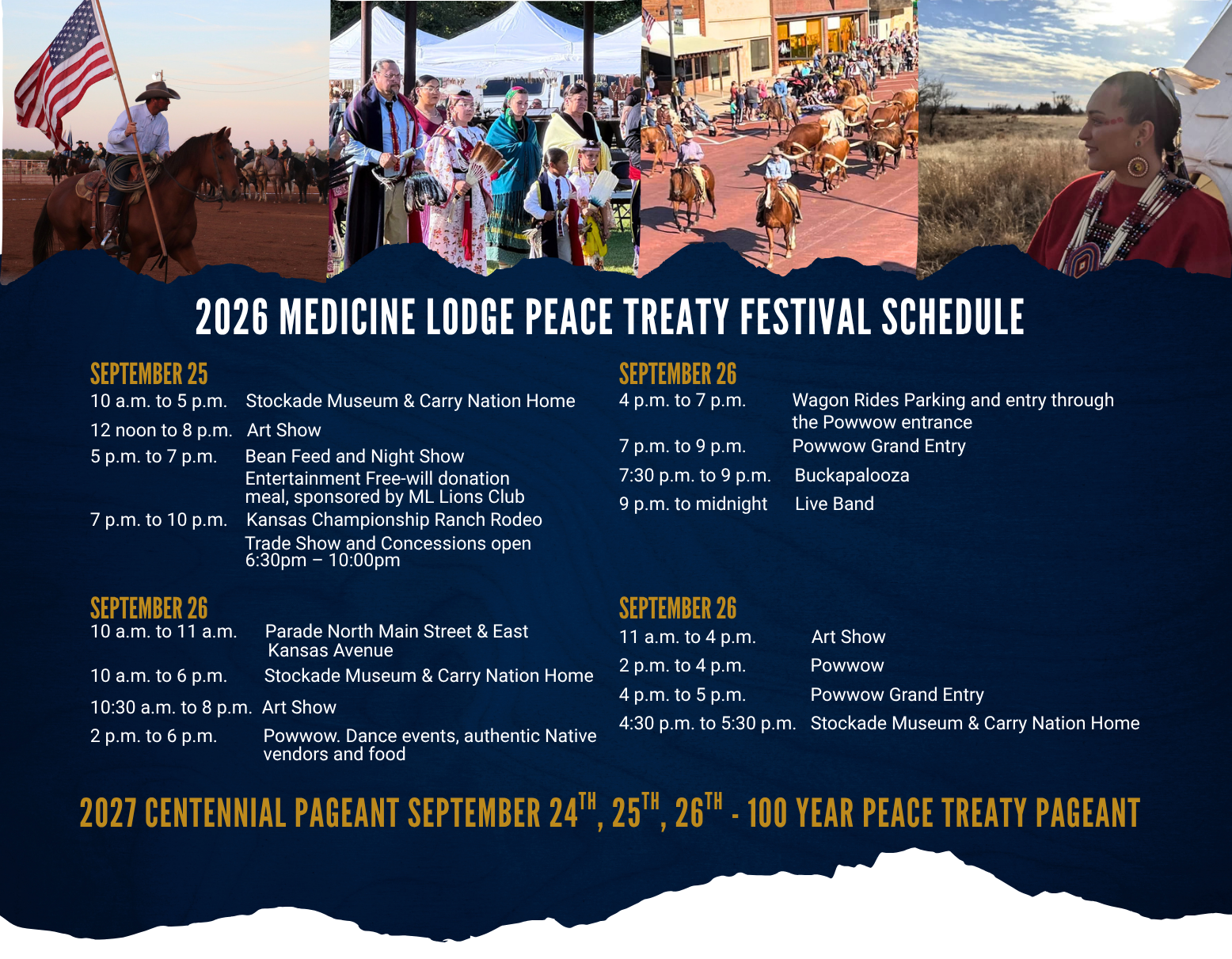 2026 Medicine Lodge Peace Treaty Festival schedule poster with photos, event dates, and blue mountain backdrop