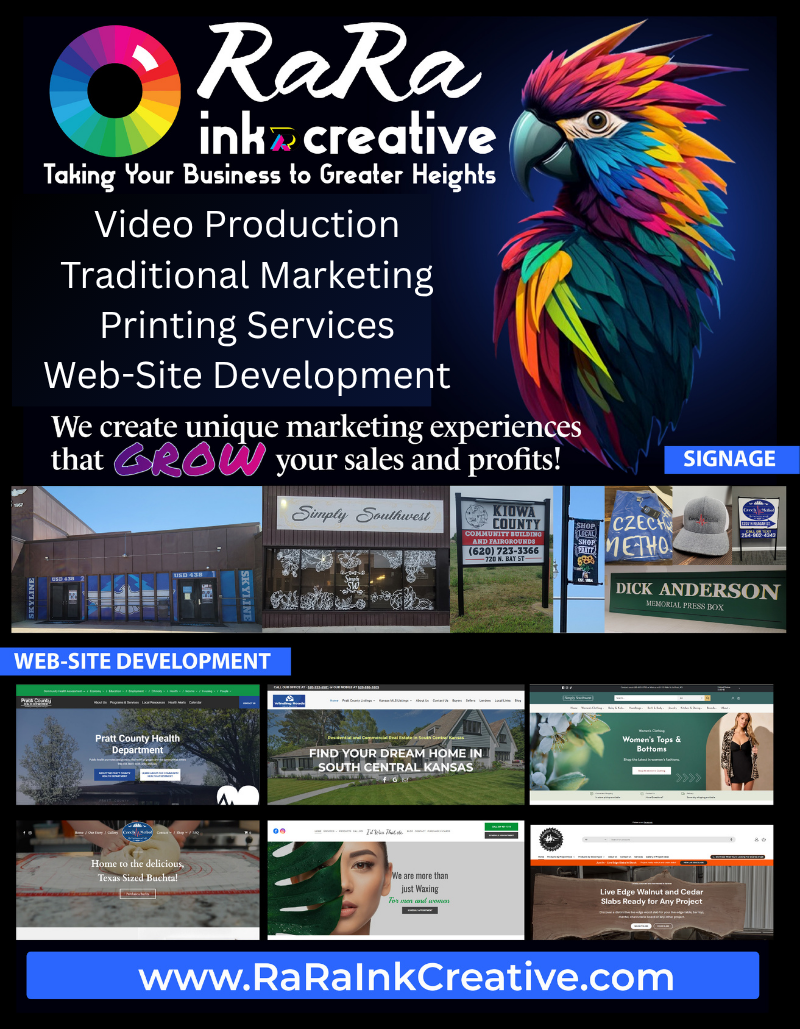 RaRa Ink Creative marketing services ad with colorful bird logo and website screenshots