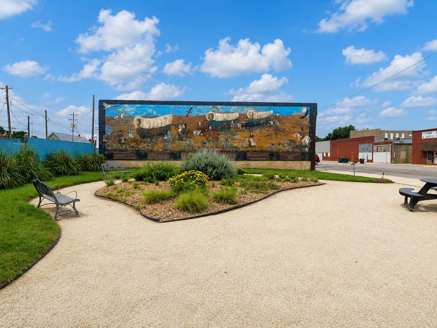 Landscaped courtyard with a large mosaic wall, gravel paths, benches, and blue sky with clouds