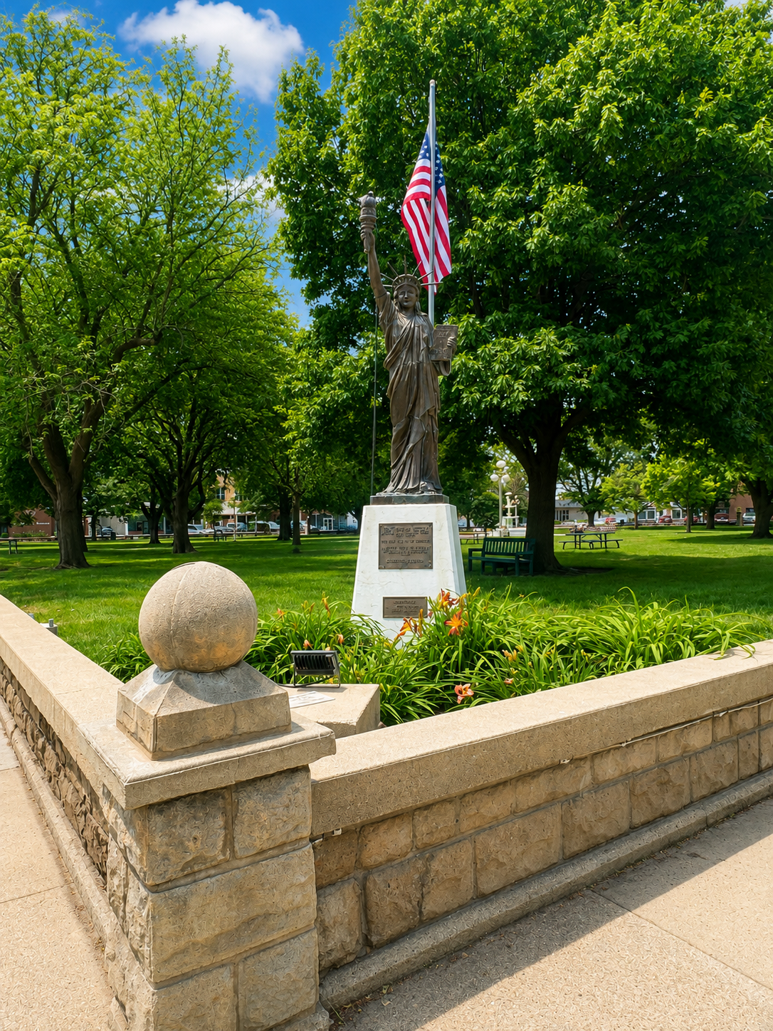 American flag on a memorial monument in a landscaped park with stone border and green trees