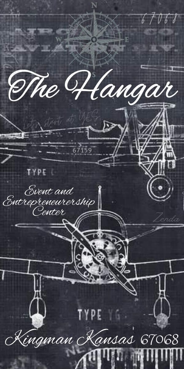 Vintage blueprint-style design reading “The Hangar” with an airplane sketch and technical drawings on a dark background