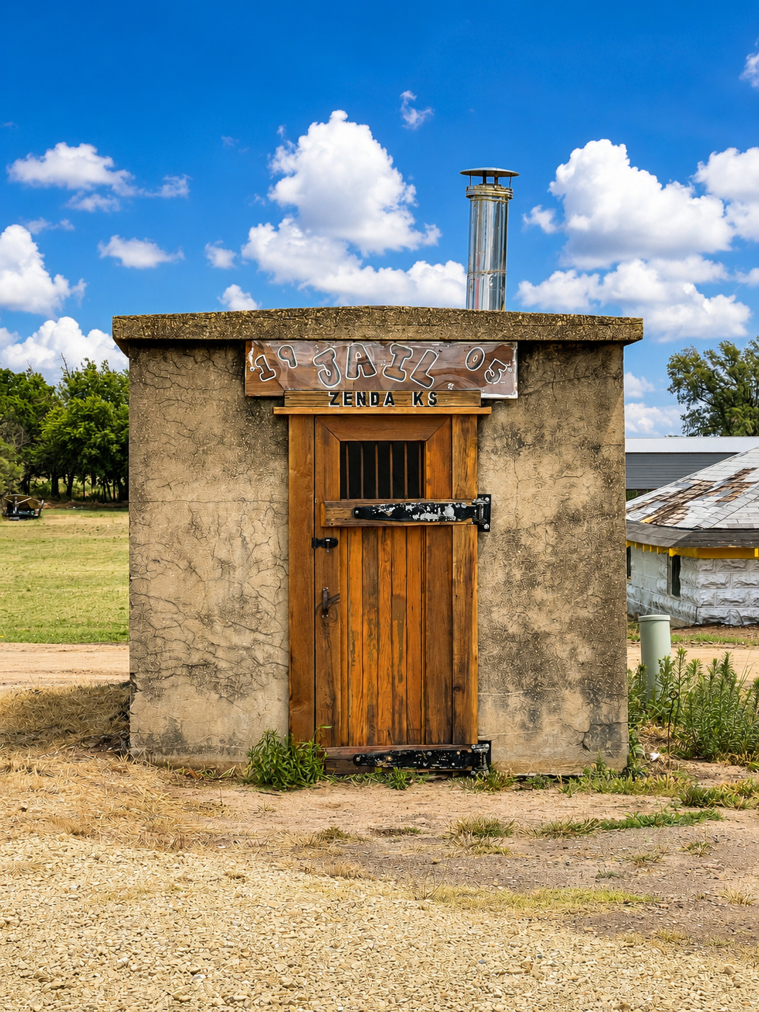 Small rustic stucco outbuilding with a wooden door and chimney under a blue sky