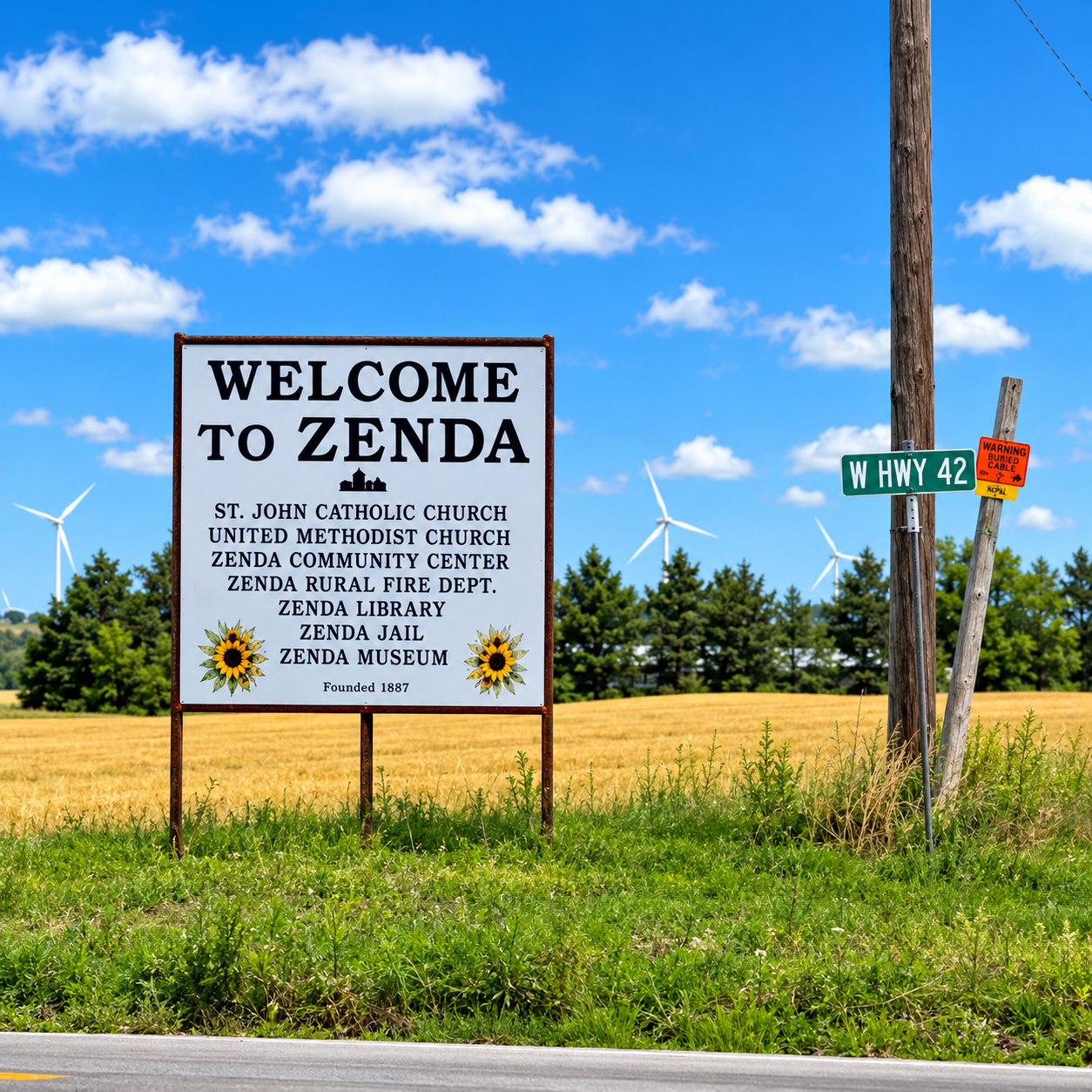Welcome to Zenda roadside sign beside Hwy 42 in a grassy field under a blue sky with clouds