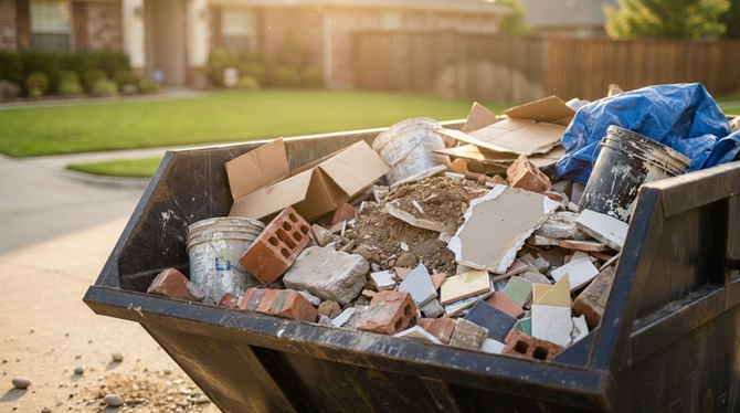 Construction dumpster filled with bricks, wood, and debris in a residential driveway