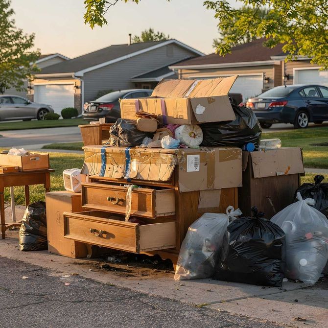 Piles of packed boxes, trash bags, and furniture piled at curbside in a suburban street at sunset