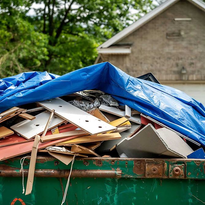 Overflowing dumpster of construction debris covered by a blue tarp outdoors