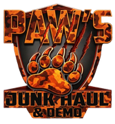 Orange-and-black logo reading “PAW’S JUNK HAUL & DEMO” with a paw print and claw marks.