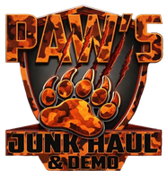 PAWS Junk Haul & Demo logo with orange claw marks and paw print on dark shield background