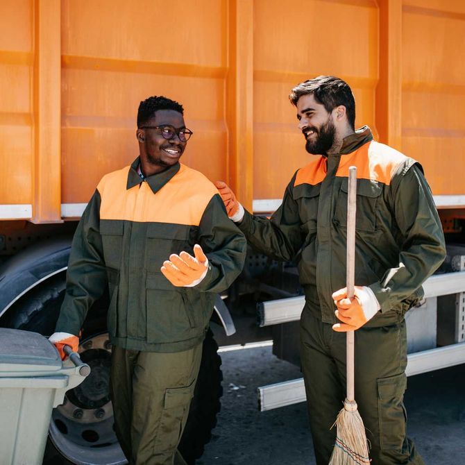 Two workers in green and orange uniforms stand beside a large orange truck, one holding a broom.