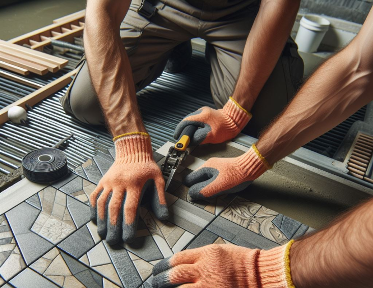 Two workers in gloves cutting tile for a patterned floor installation.