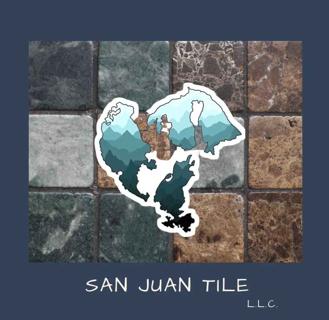 Logo: Tile pattern with San Juan, WA outline overlay, teal/brown tones, dark blue background. 