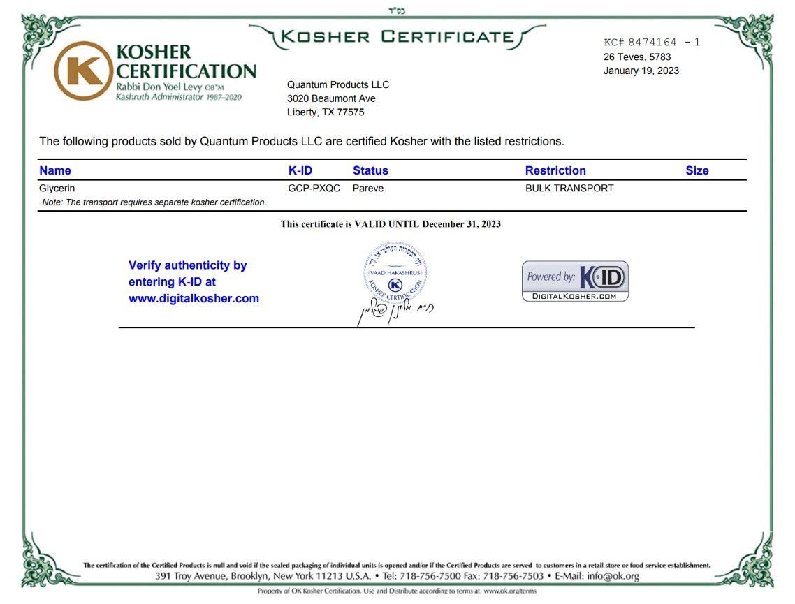 A kosher certification certificate with a green border