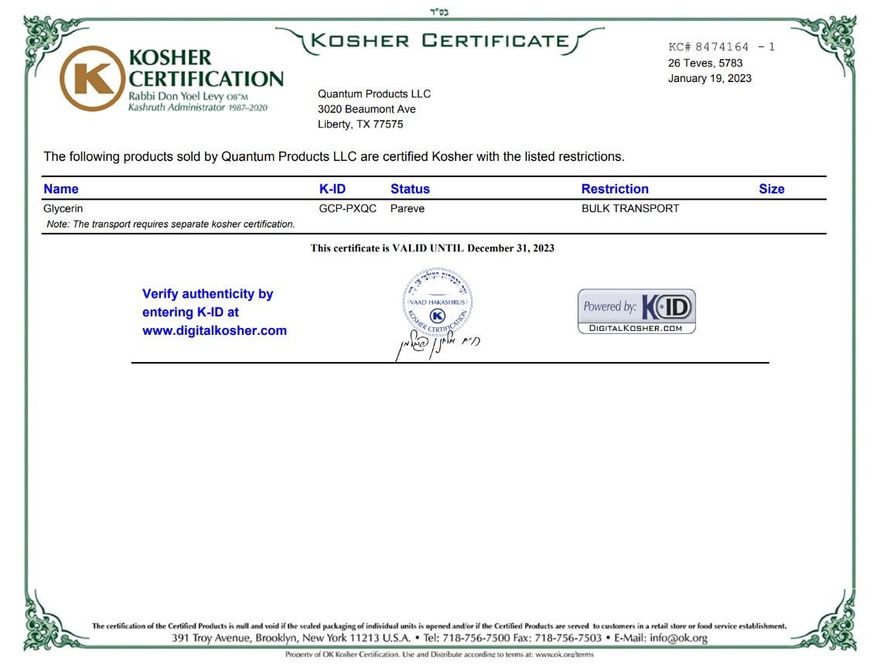 A kosher certification certificate with a green border
