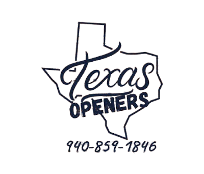 A black and white logo for texas openers with a phone number.