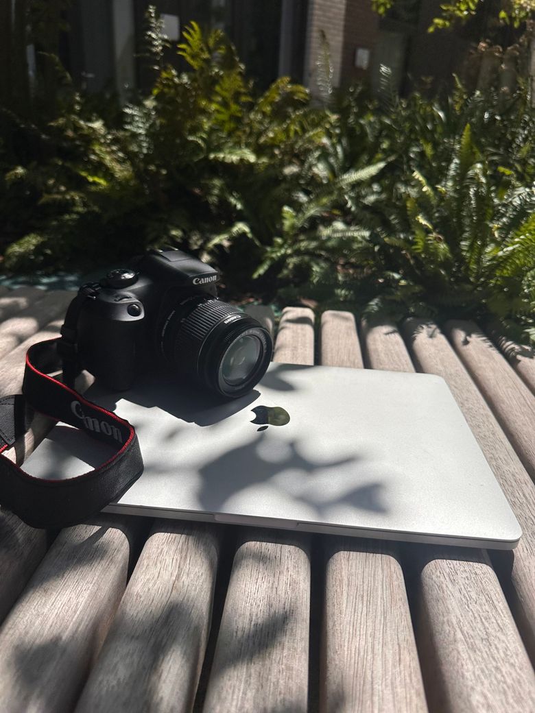 Camera and laptop on a wooden table, with greenery in the background.