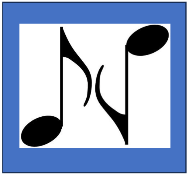 A pair of music notes in a blue frame on a white background.
