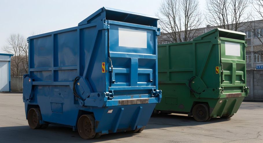 Blue and green industrial waste bins parked outdoors on pavement