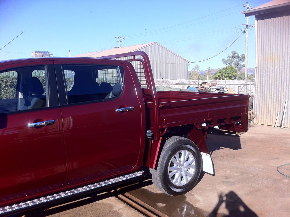 Red Pick Up Vehicle With Trailer Trays — Wright's Welding Operations In Cloncurry, QLD