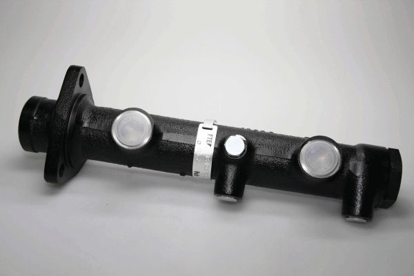 Componente automobilistico cilindrico in metallo nero con flange e tappi argentati su sfondo bianco.