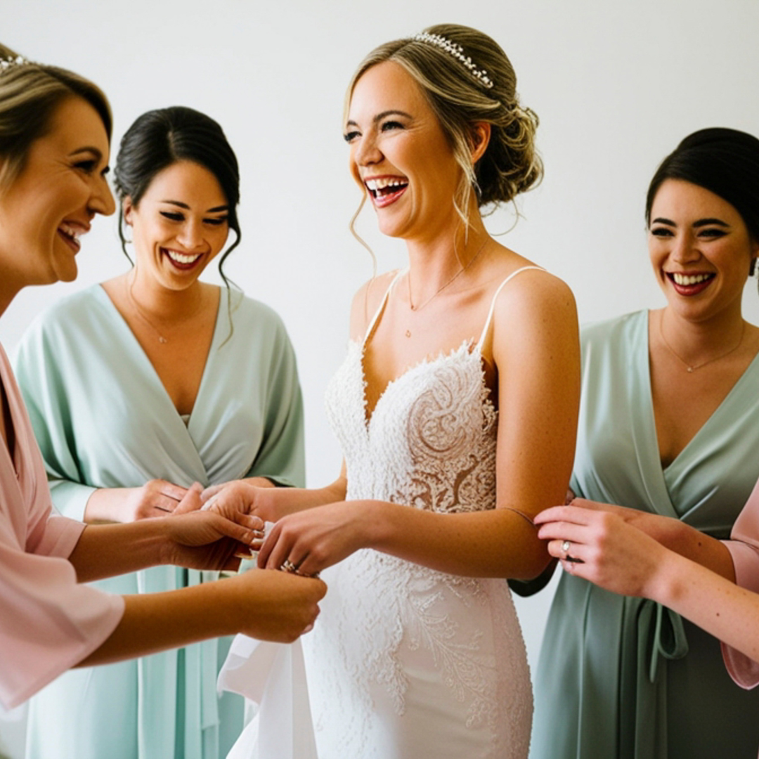 Bride in white lace dress laughs with bridesmaids in light blue robes.