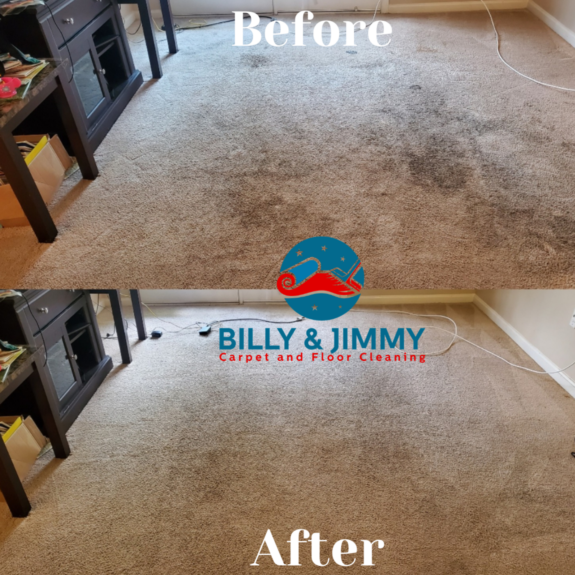 a before and after photo of a carpet cleaning service