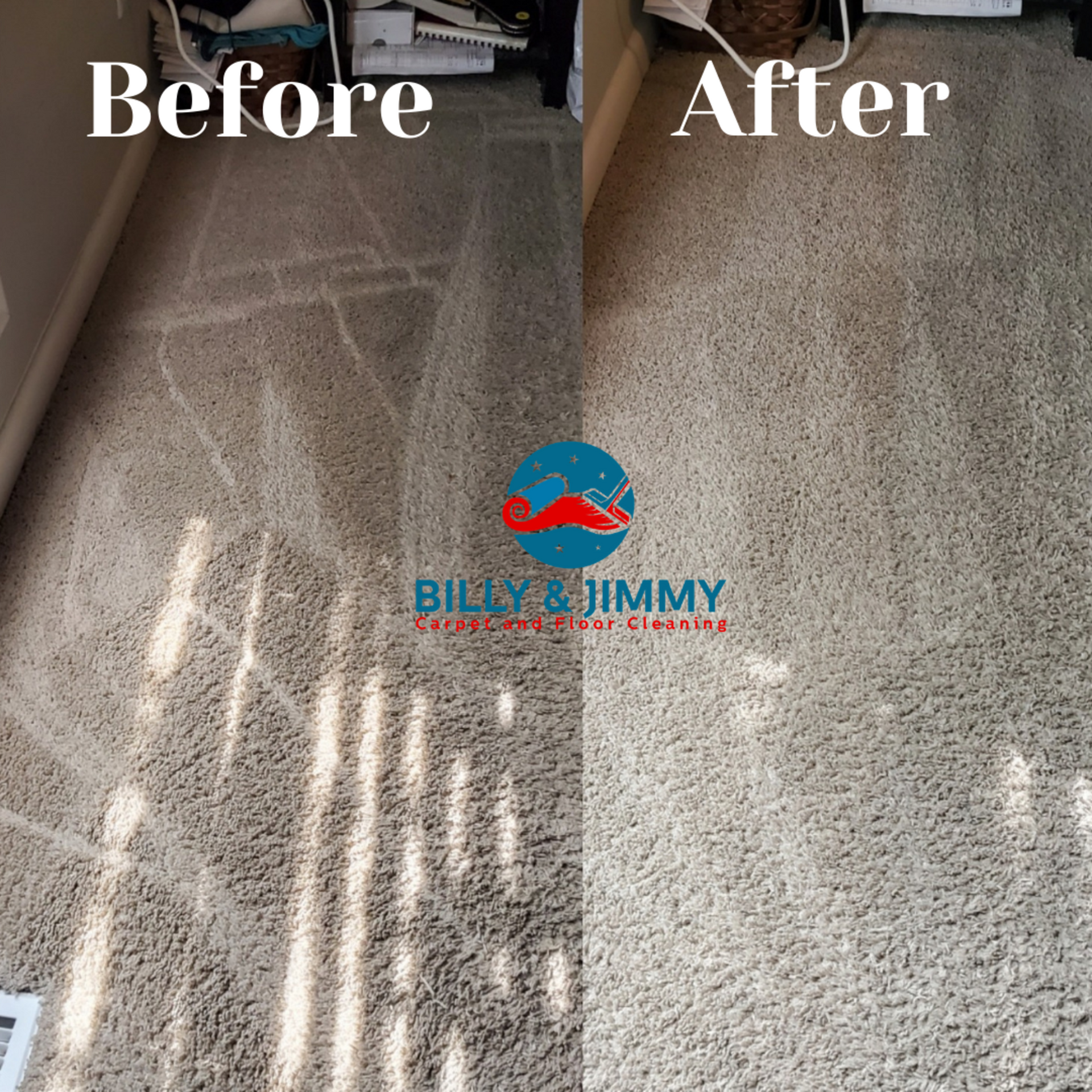 a before and after photo of a carpet being cleaned by billy and jimmy