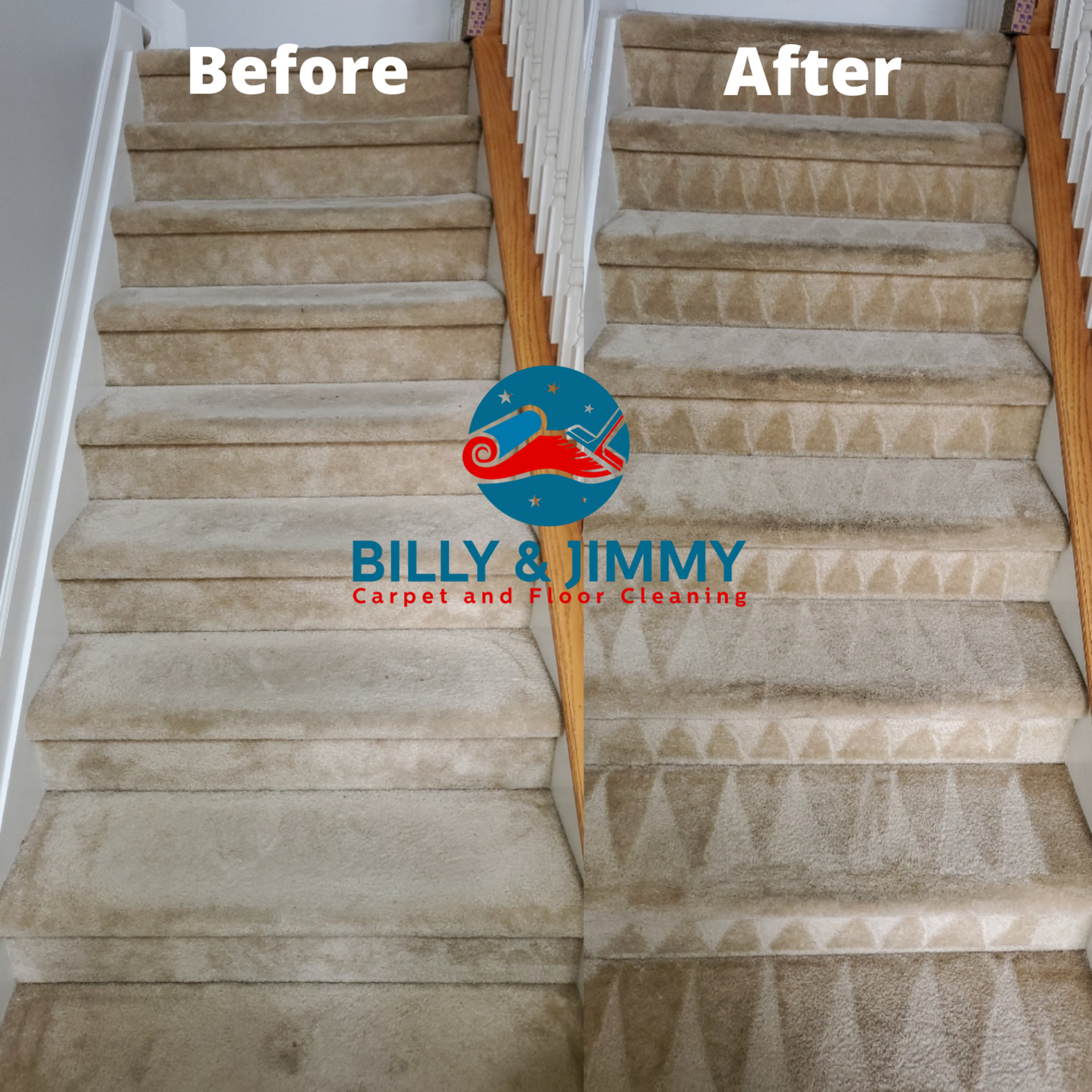 a picture of a staircase before and after being cleaned by billy and jimmy
