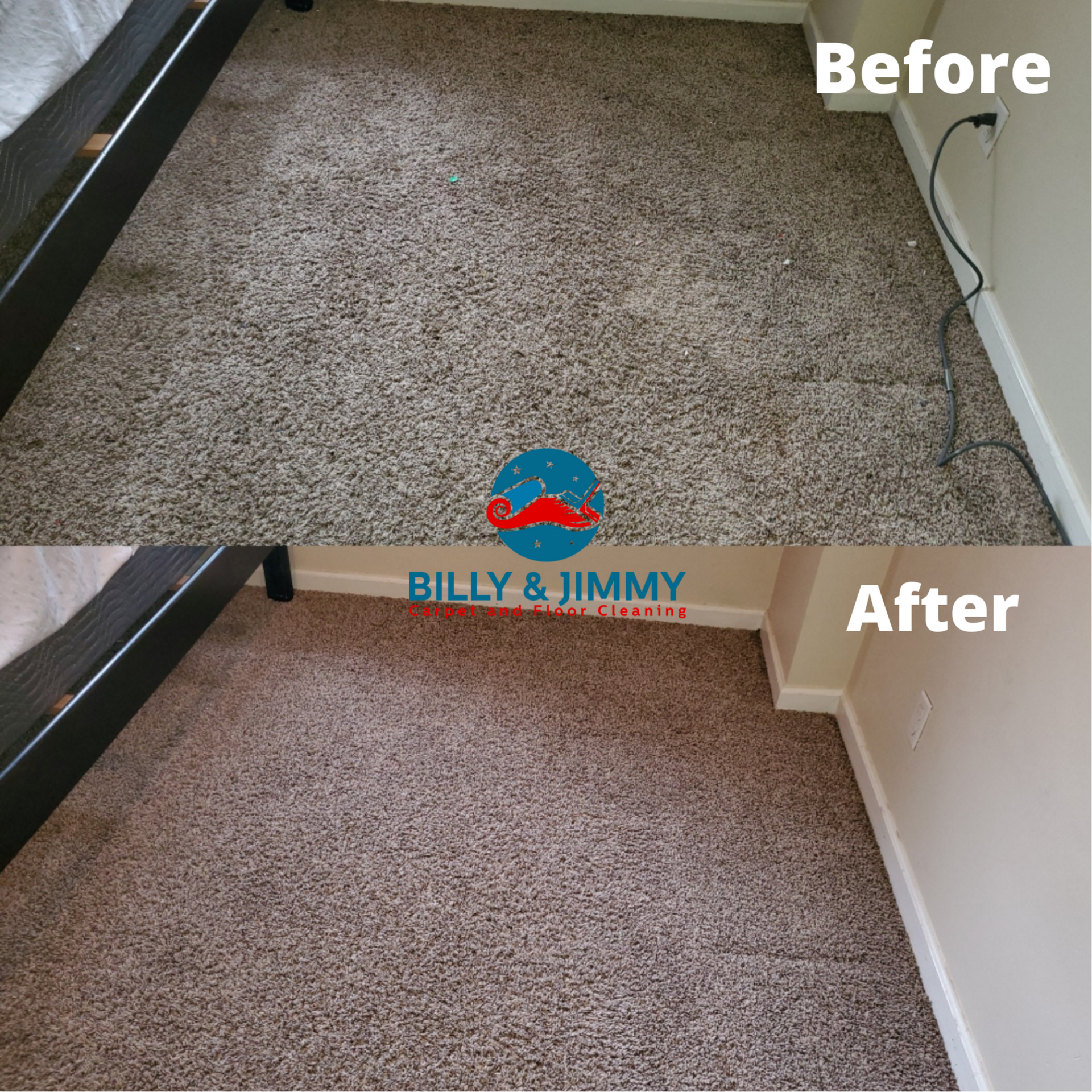 a before and after picture of a carpet being cleaned by billy and jimmy