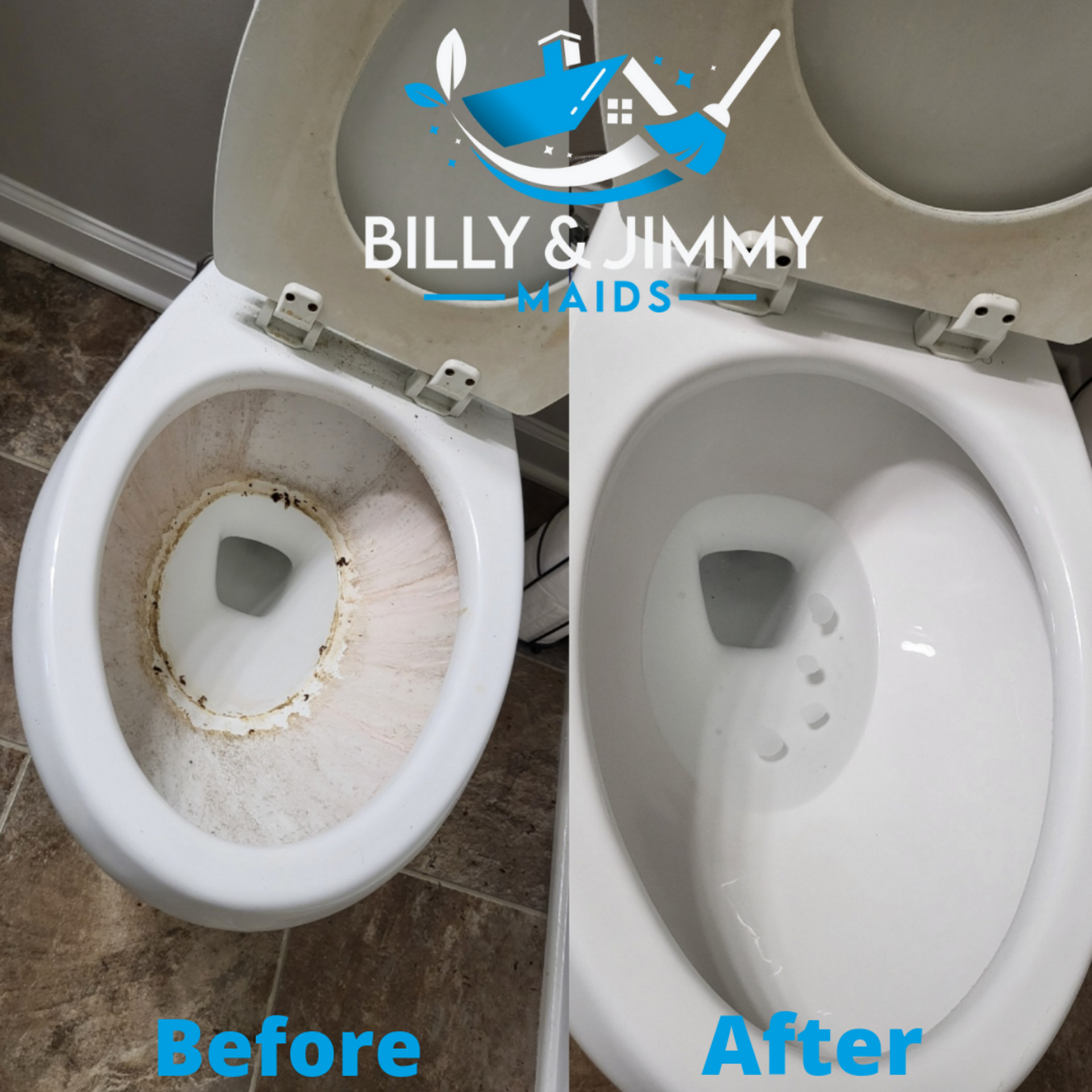 two toilets before and after being cleaned by billy and jimmy maids