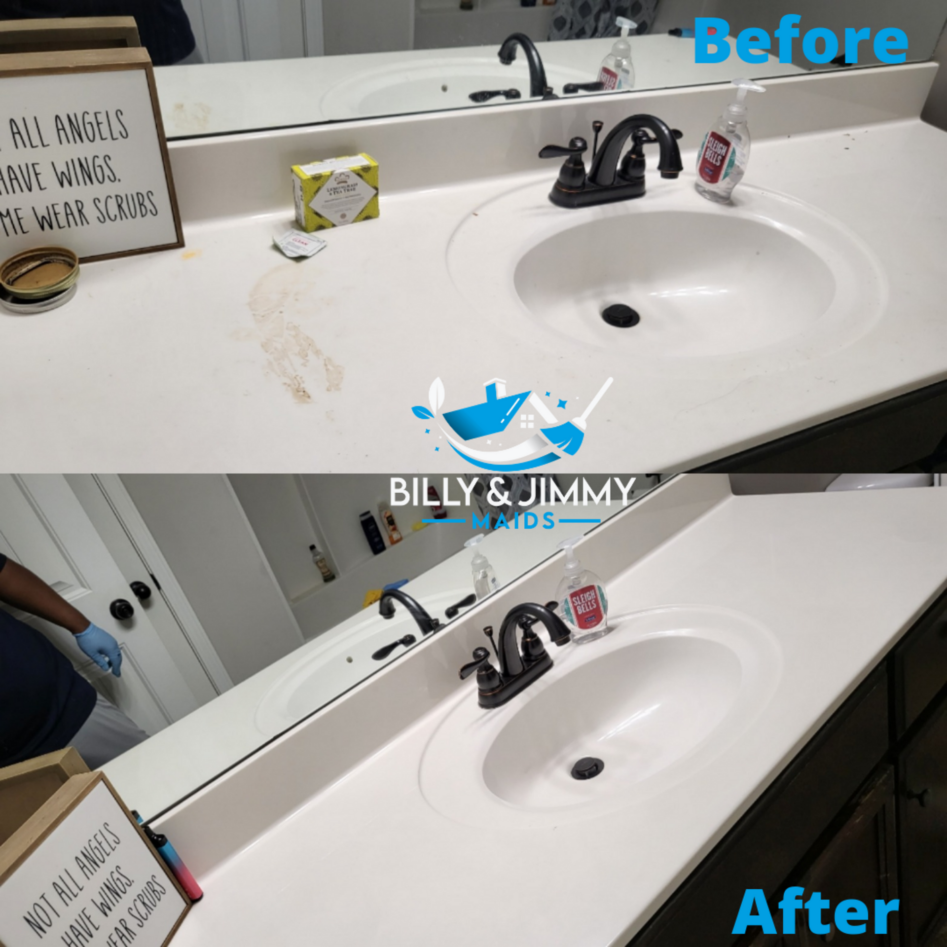 a bathroom sink before and after being cleaned by billy and jimmy