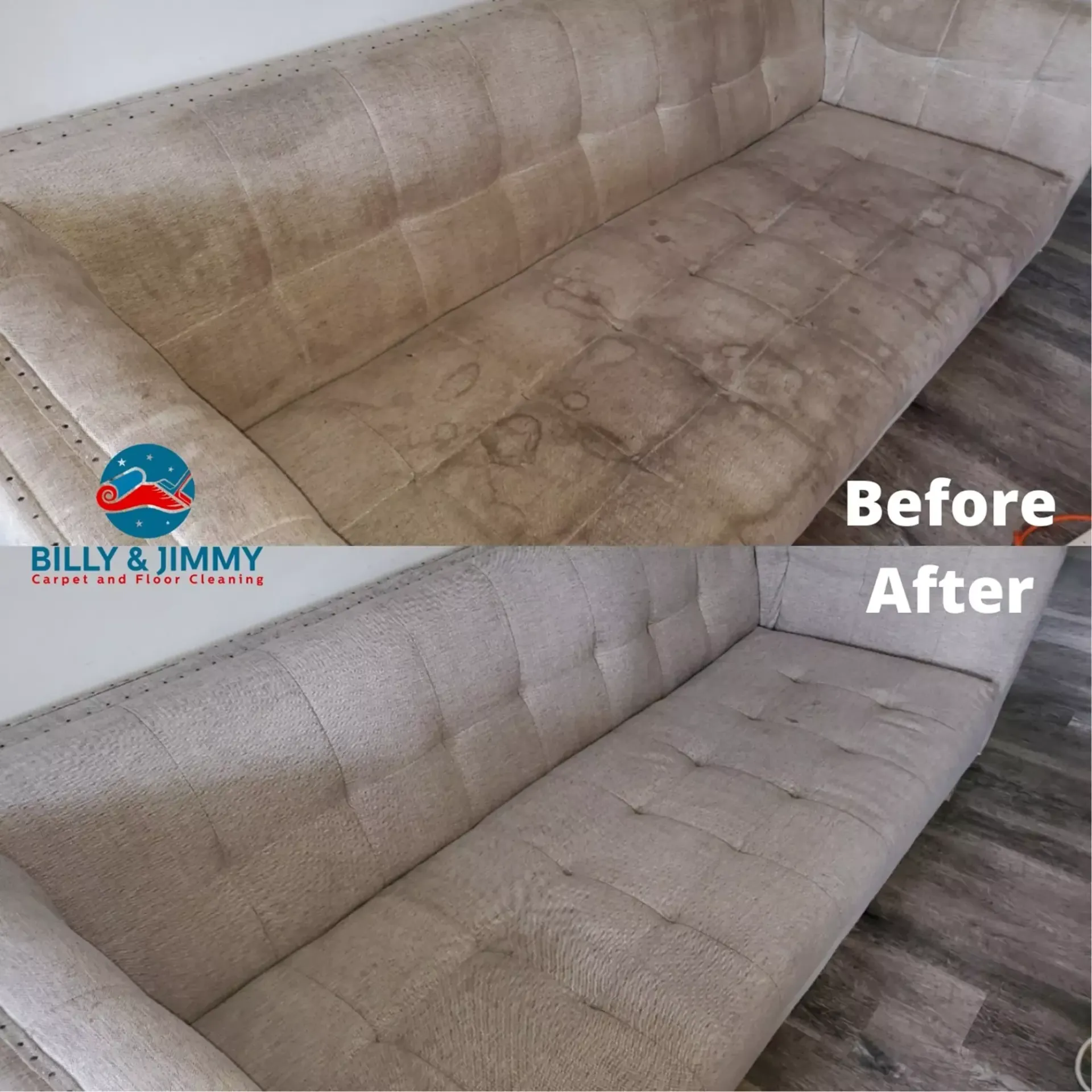 a before and after picture of a couch being cleaned by billy and jimmy