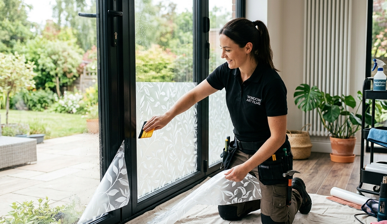 Woman kneeling by a sliding glass door, cleaning the glass with a cloth in a bright living room.