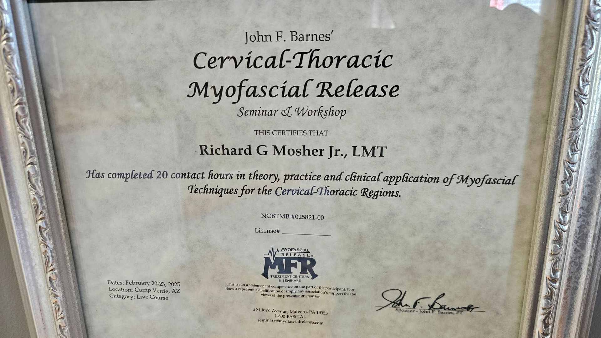 Framed certificate for Cervical-Thoracic Myofascial Release, signed and dated in black text on parchment background