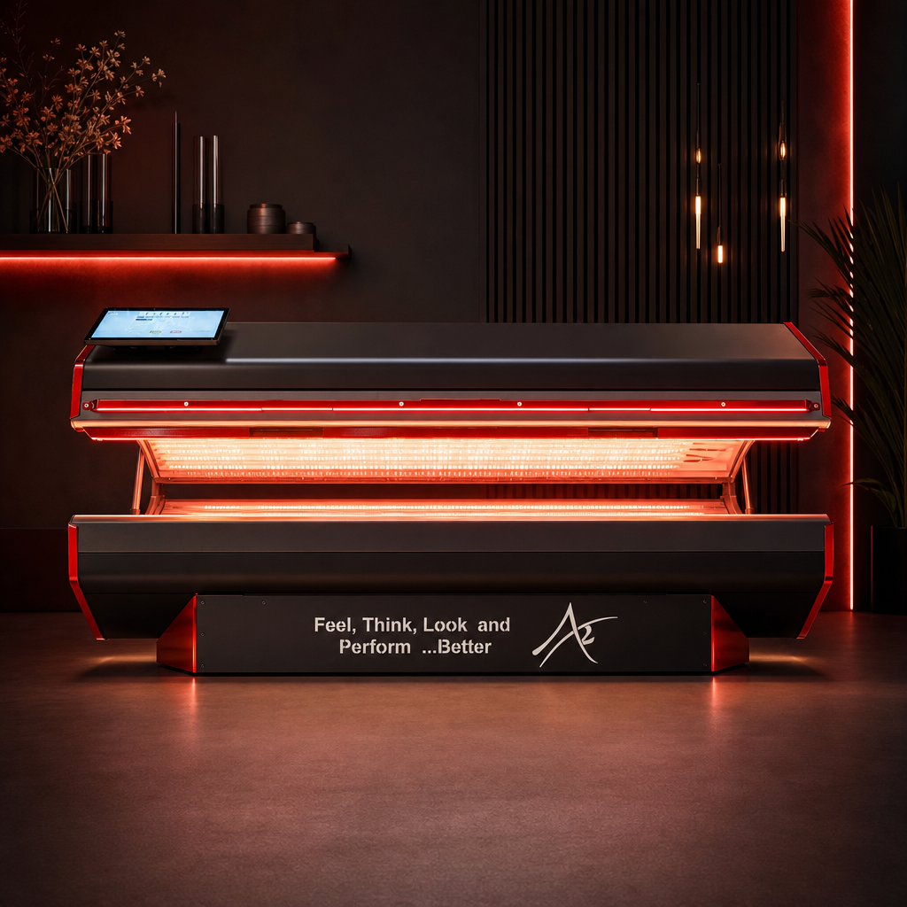 Red-lit massage room with treatment table, lamp, and window blinds