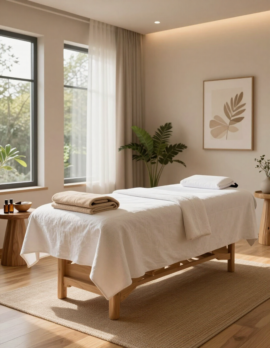 Serene spa room with a massage table, white linens, beige decor, plants, and soft natural light